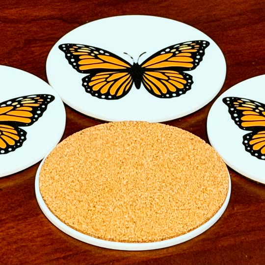 Set of round coasters with butterfly design with one upside down coaster with cork backing