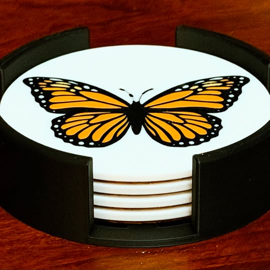 Side profile of Monarch Butterfly on white coaster in black holder